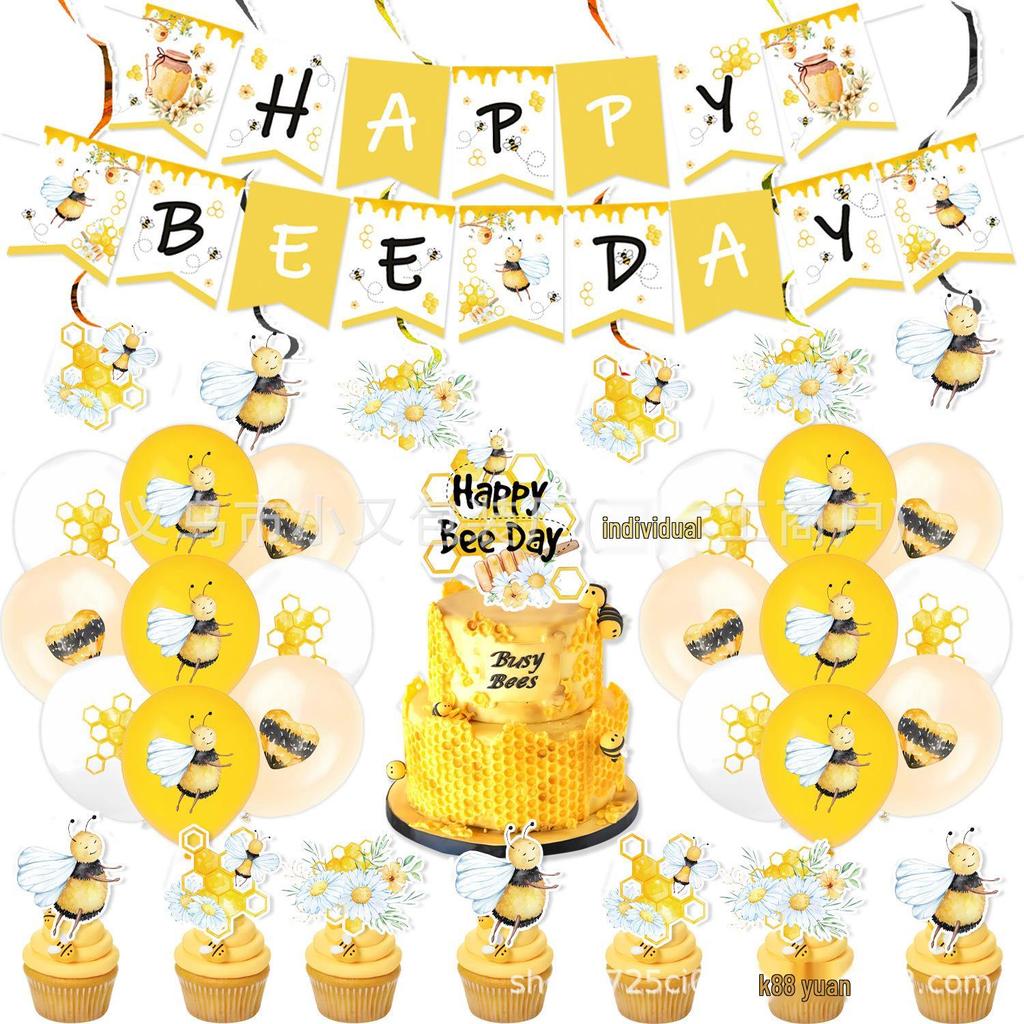 Bee Theme Party Set: Spring Picnic Plates, Cups, Flags, Tablecloth & Balloons