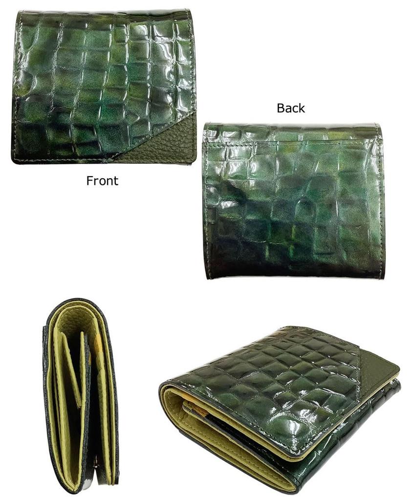 HARUBE Kyoto Naniwaya Kompaktes schmales Faltportemonnaie, Rindsleder mit Krokodilprägung und Emaille, Funktional, Damen, Krokodil #86-531