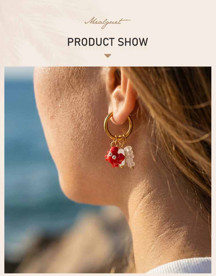 Ocean Starfish Turtle Fish Shell Charms Stainless Steel Hoop Earrings for Women Natural Stone Gravel Dangle Earrings Jewelry