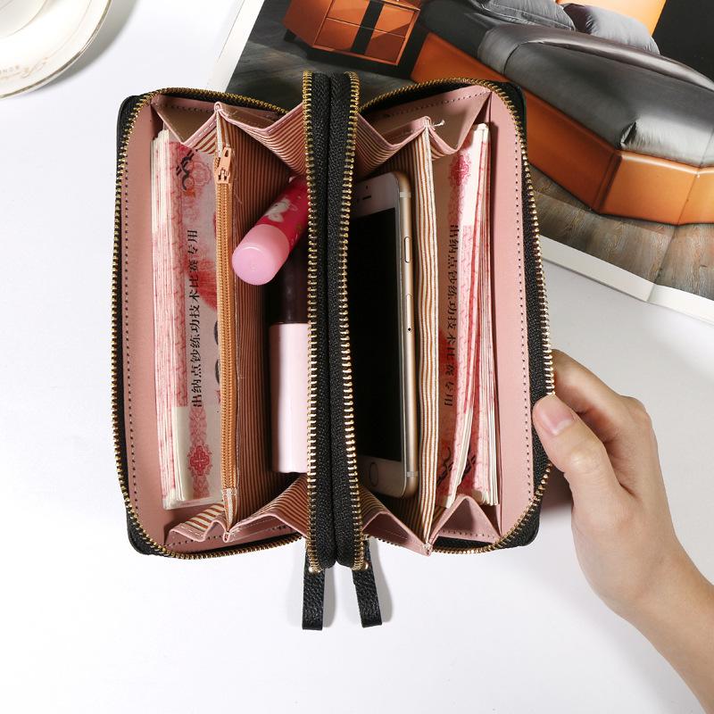 New Fashionable Double-layer Double-zipper Wallet Soft Leather Lychee Pattern Clutch Bag Niche Women's Long Mobile Phone Bag