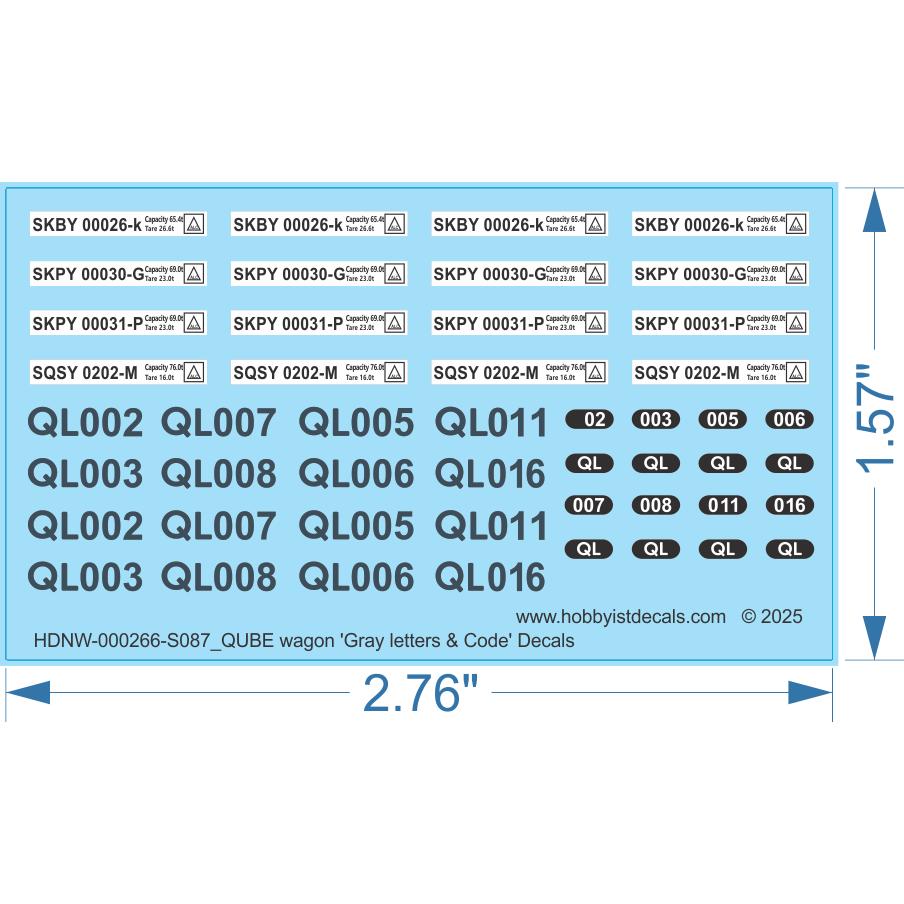 QUBE Wagon 'Gray Letters & Code' Decals - 1/87 - Water Decal