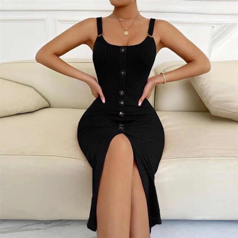 

Green Women Knitte Bodycon Sling Dress Sleeveless Button Fr black XL(XL)