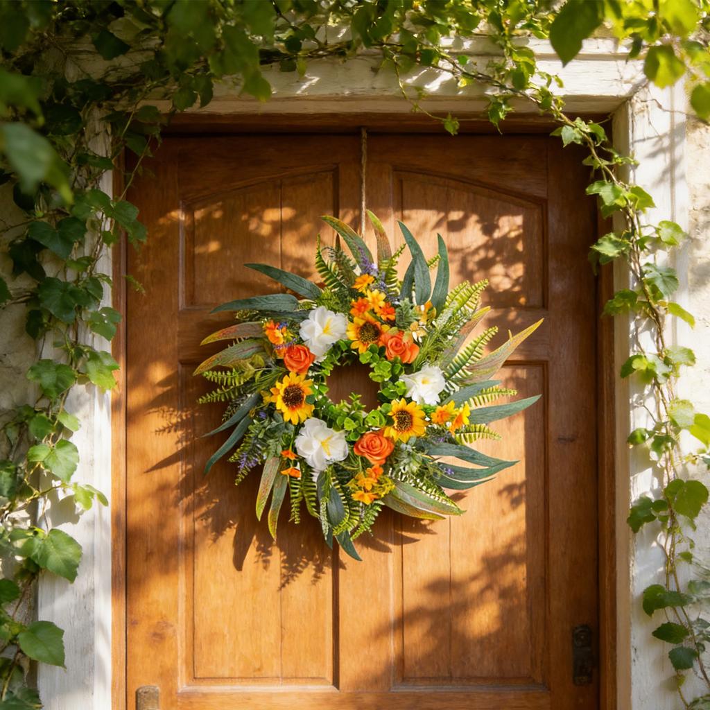 55cm Summer Door Wreath With  Colorful Flower Wreath, Sunflower, And Roses