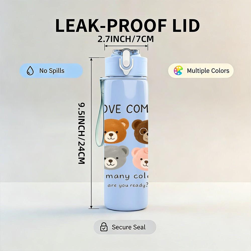 1PC Love Comes Teddy Bear 750ml Color Plastic Sports Water Bottle Leakproof Flip Straw Lid Suitable for Sports Office Home Use