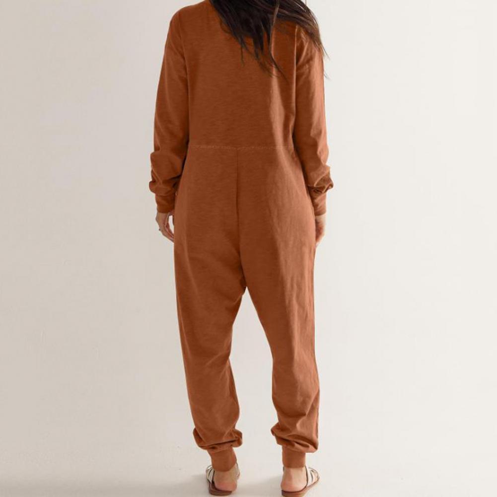 Women Fall Winter Jumpsuit V-Neck Long Sleeve Comfortable Fit Oversized One Tone Pockets Deep Crotch Carryallgy Ankle-banded Soft Lady Pajam