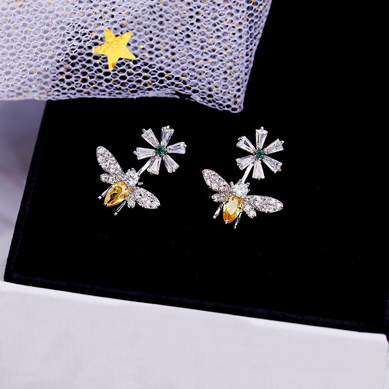 Fashion New Cute Sunflower Bee Earrings White Yellow Zircon Earrings Animal Girls Earrings Jewelry Gifts 925 Sterling Silver