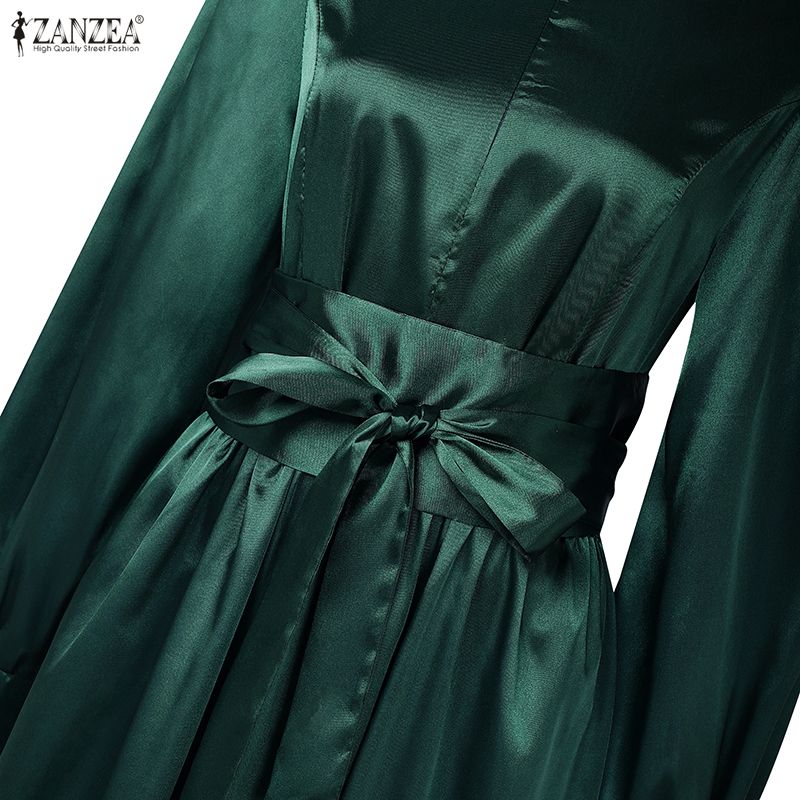 ZANZEA Women Casual Stand Collar Loose Long Sleeve Satin Dress