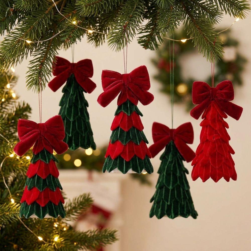 Vintage Bow Fabric Xmas Tree Pendant Layered Cut Tree-Shaped Holiday Hanging  Christmas Desktop
