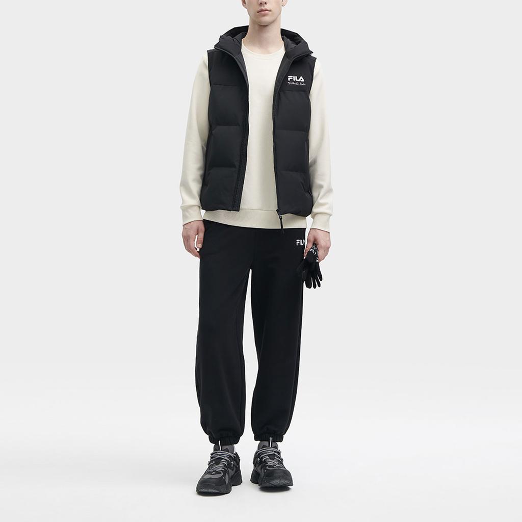 Fila Logo Print Solid Color Hooded Casual Down Vest Men Vest Black F11M349908FBK