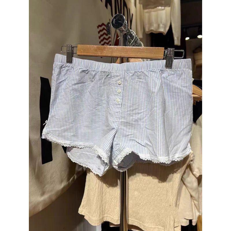 

Brandygirl Shoelace Striped Elastic Waist Shorts Blue vertical stripe lace All yards