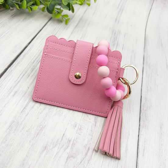 Silicone Bracelet Keychain Wallet Beaded Wristlet Credit Card Holder with Tassel Slim Card Wallet with ID