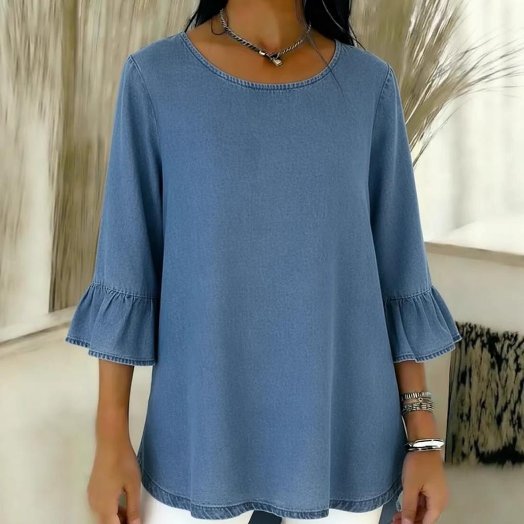 Spring Summer Casual Women's Crew Neck T-shirt Flounce Sleeve 3/4 Sleeve Top