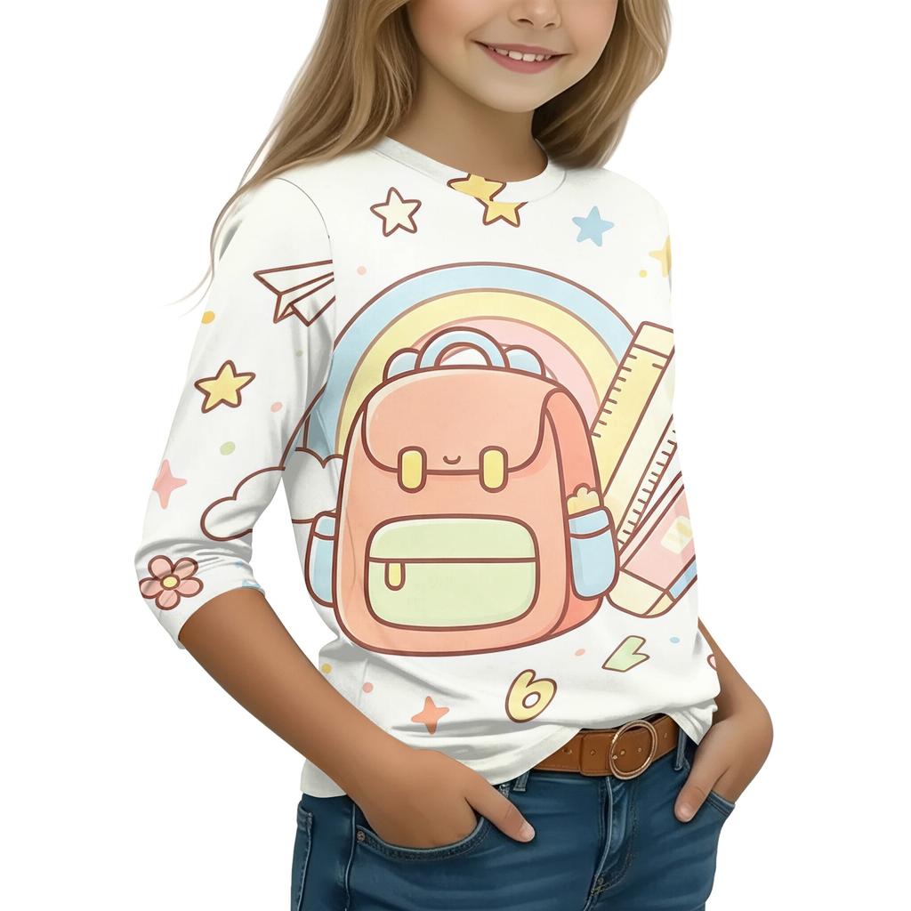 Children's Casual Printed 3/4 Sleeve Round Neck T-Shirt for Back to School Everyday Wear