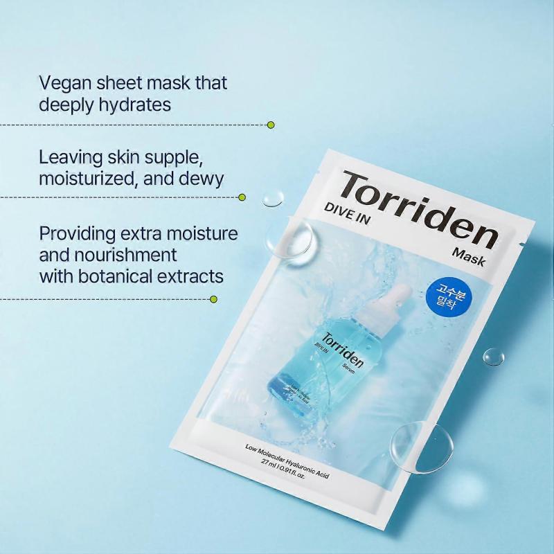 Torriden Dive-In Hyaluronic Acid Sheet Mask (10pcs) - Korean 5D Moisturizing Facial Mask with Panthenol & Allantoin, Korean Face Mask
