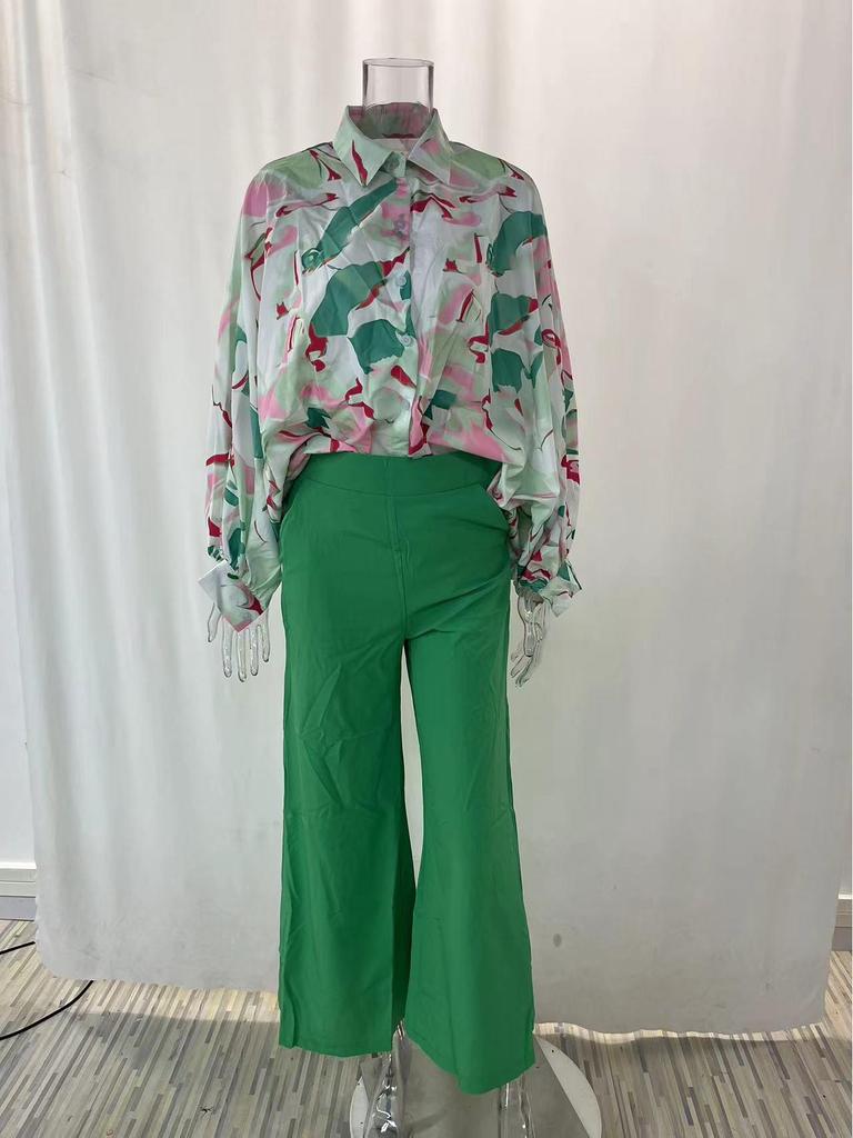 2026 Spring European & American Women's Printed Shirt & Elegant Wide-leg Pants Fashion Set