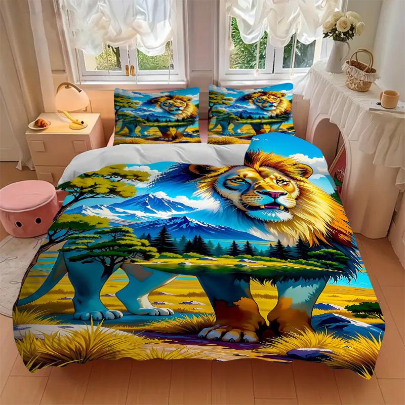 3pcs Lion Safari Duvet Cover Set -Includes 1 Duvet Cover and 2 Pillowcases, No Quilt Core, All-Season Home Decor  Yy251111117