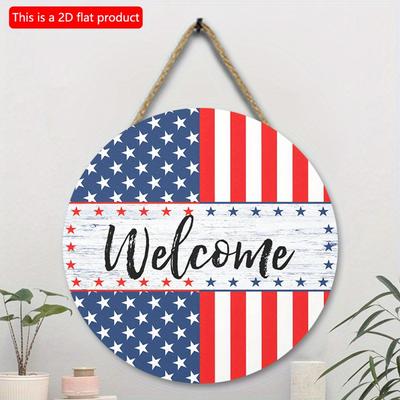 2D plano 20*20cm 1 pieza 4 de julio Bandera Americana Señal de Bienvenida Decoración Colgante de Madera, Patrón de Estrellas Impresionante Buena Calidad Decoración de Ventana&Jardín&Puerta