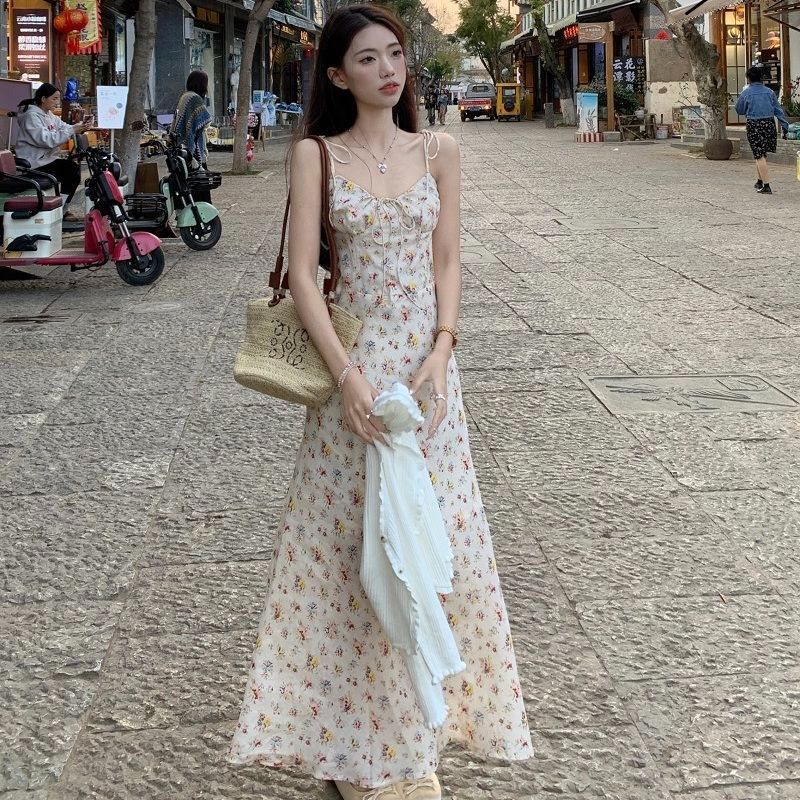 French floral suspender dress women s summer beautiful small skirt waist thin seaside vacation long skirt S