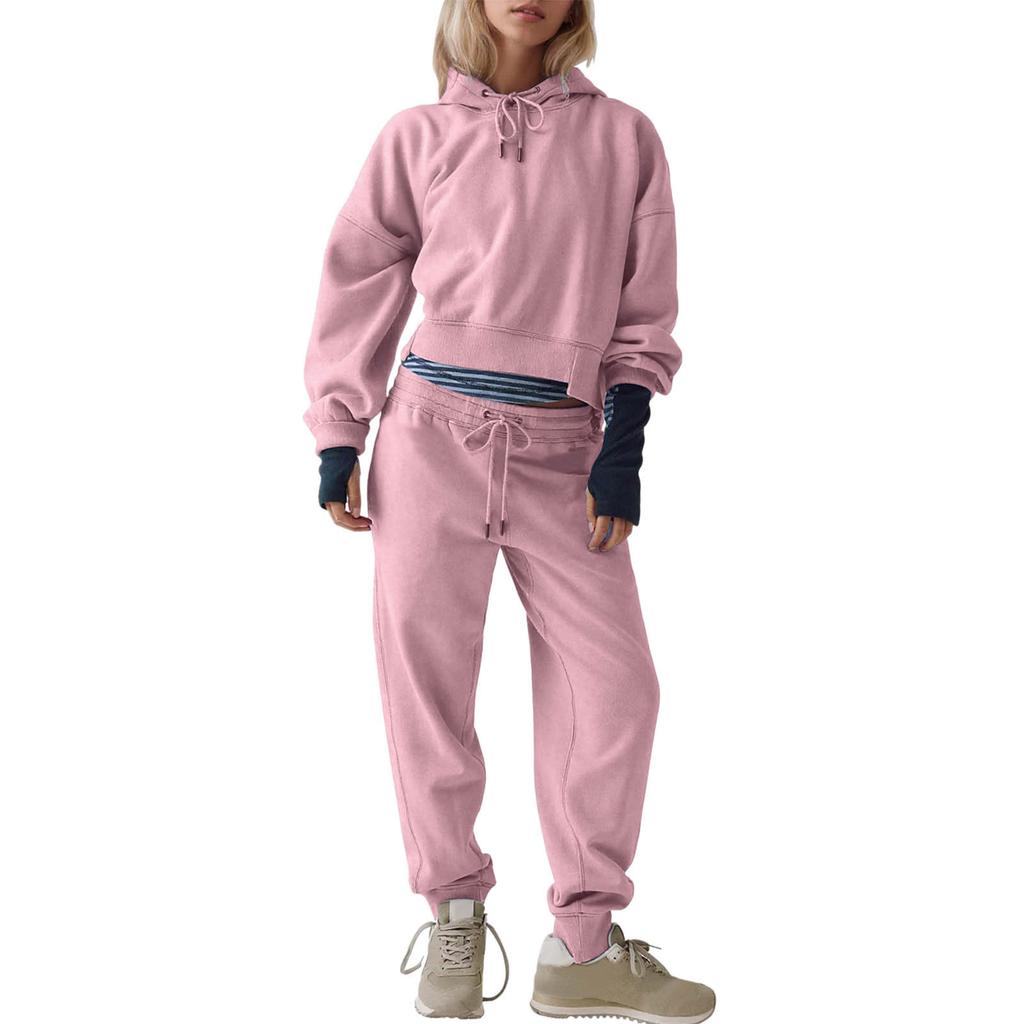 Women's Fashion Solid Color Hooded Sweatshirt And Sweatpants Two-Piece Casual Set