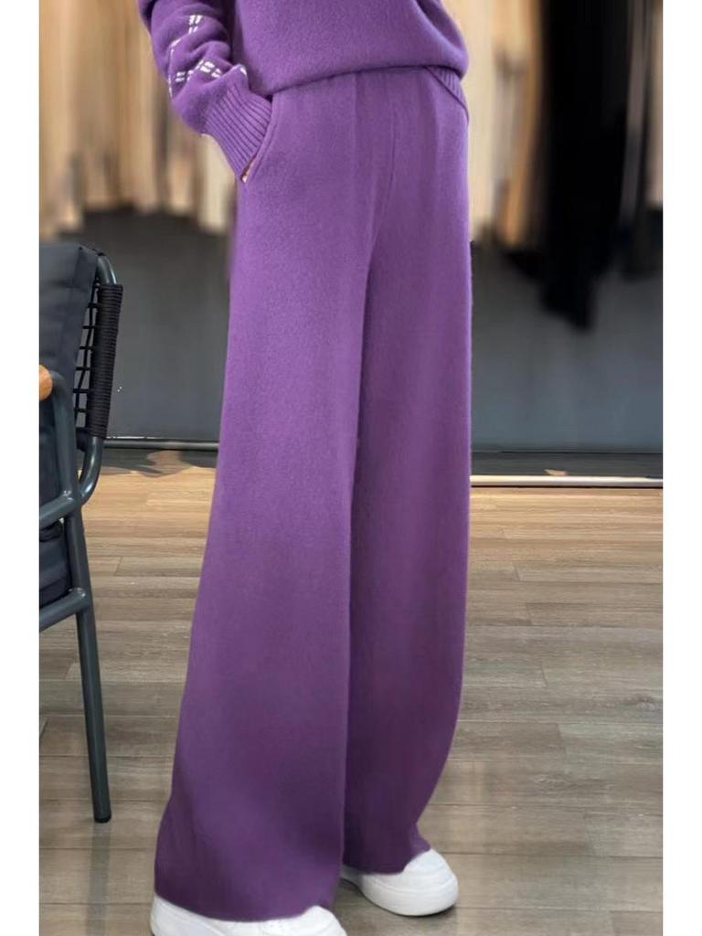 Damskie spodnie z szerokimi nogawkami ze 100% wełny z wysokim stanem na jesień/zimę - Pogrubione, ciepłe i luźne