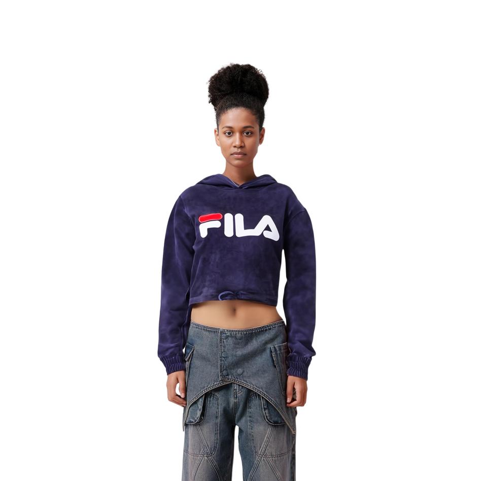 New FILA Aitana Crop Velour Hoodie Sweatshirt Women's Marine Blue LW932642-410