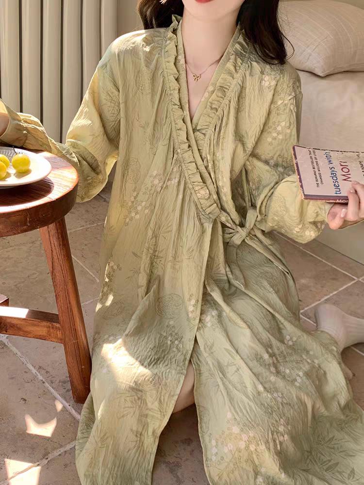 2026 Spring Cloud Cotton Long Sleeve Tie-Up Nightgown - Sweet, Cute, Comfortable Women's Loungewear