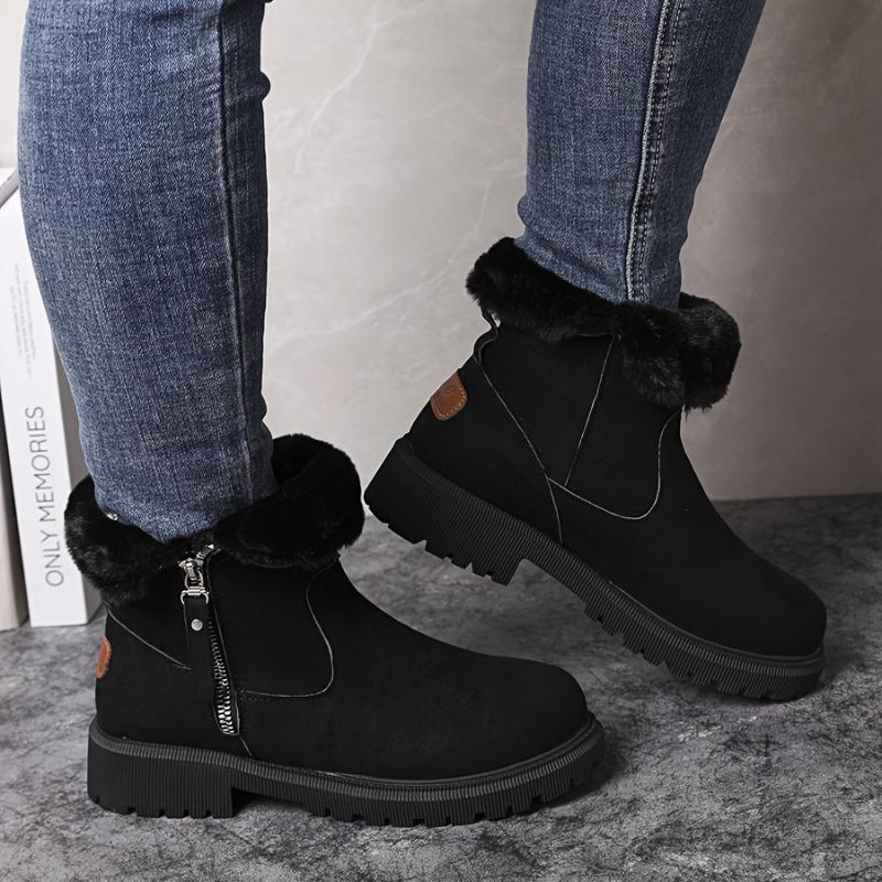 Women's Round-Toe Short Boots Plush Faux Thick Rubber Sole Chunky Heel Zipper Winter Casual Dressy Brown Booties for Jeans