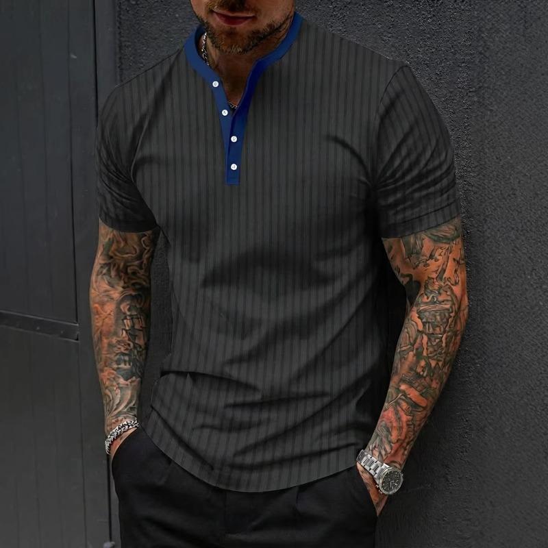 Mens Casual Striped Henley Shirt Short Sleeve Button Down Top