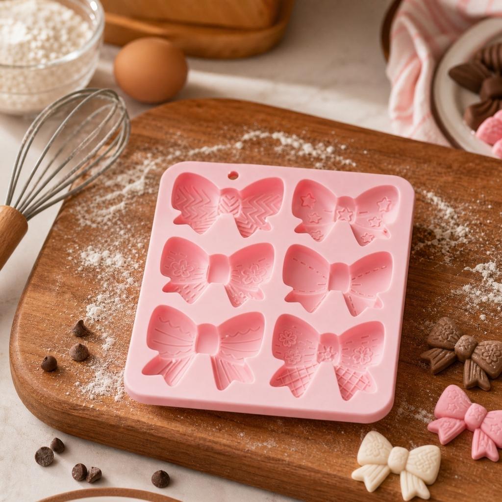 Silicone Bow Tie Mold Flexible Non-Stick Baking Mold for Candy Chocolate Ice Cubes Soap Making with Six Cavities Durable Heat Resistant
