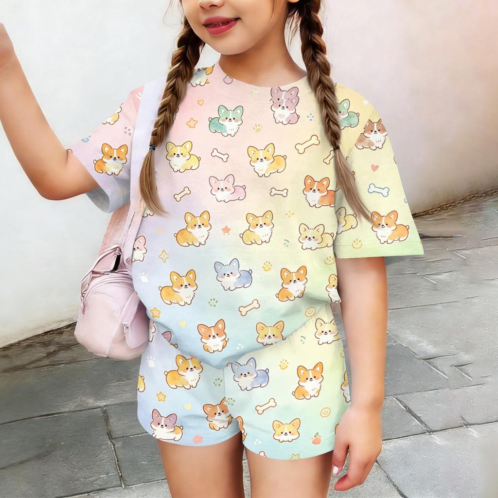 Kids Casual Short Sleeve Shirt and Shorts Set Animal Print Two Piece Outfit Lightweight Comfortable Summer Wear for Boys and Girls