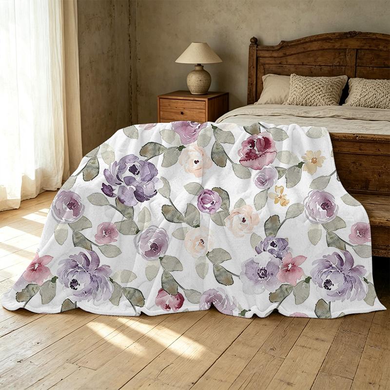 Non-Shedding Flannel Fleece Throw Blanket, Soft Cozy Watercolor Floral, Warm Home Blanket for Halloween Christmas, Couch Movie Nights
