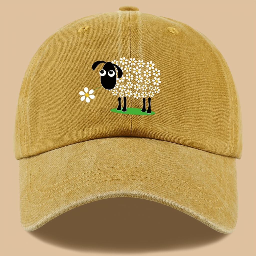 Urocza czapka kierowcy ciężarówki z nadrukiem owiec na łące w kwiaty i retro sprana czapka baseballowa wakacyjna plażowa czapka przeciwsłoneczna