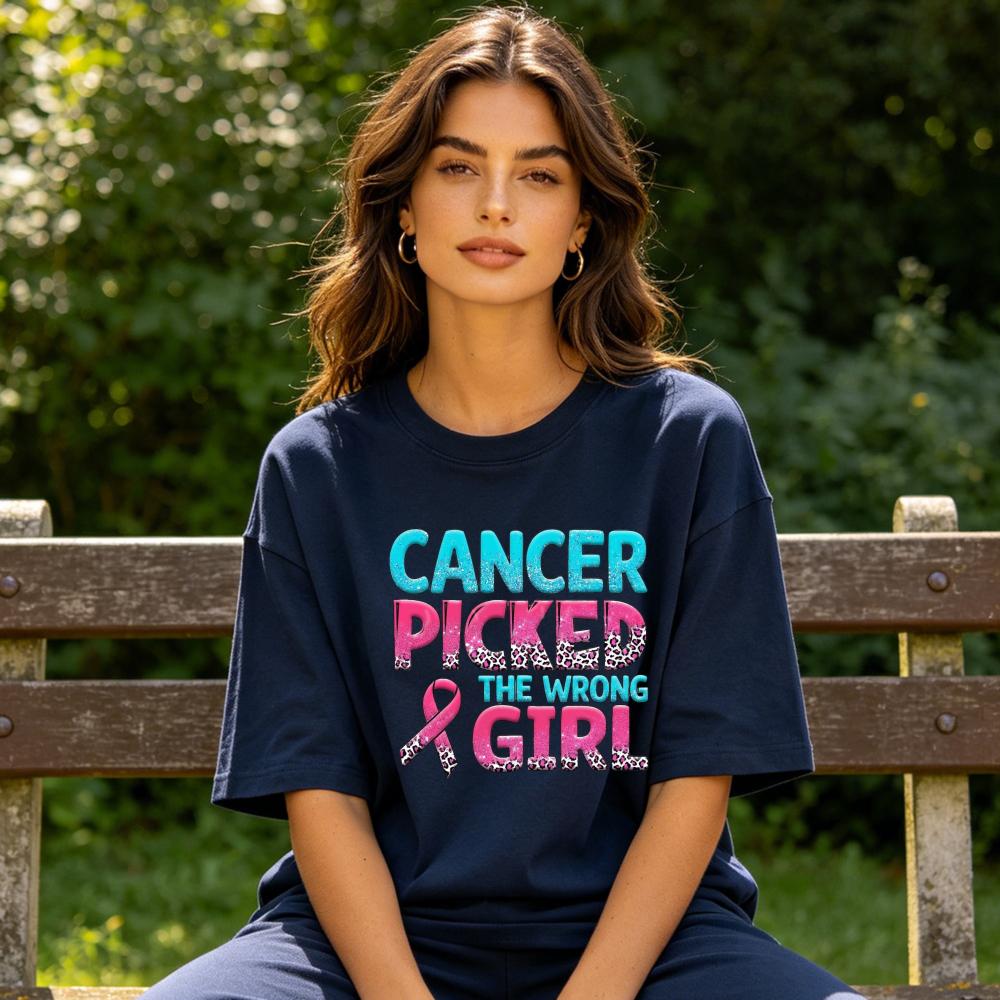 Cancer Picked The WrongunisexLeopard Letter Graphicunisex Summer Tshirt Breast Cancer Fighter Bold Motivational Short Sleeve Top