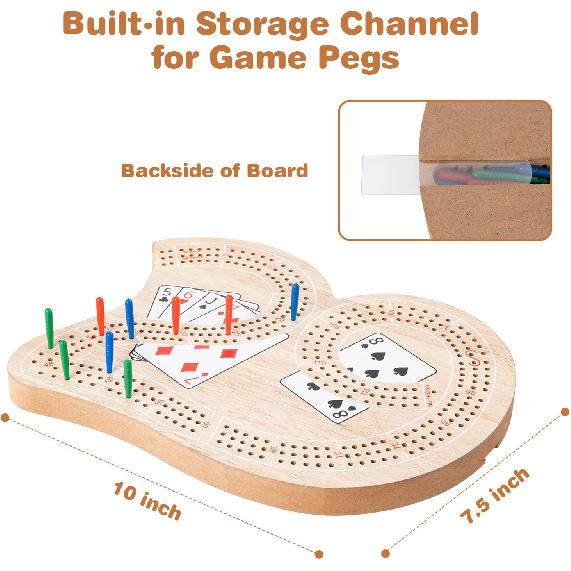 Wooden 3-Track Cribbage Board Game - Classic Board for 3 Players with Plastic Pegs - Ideal Family Game for Kids and Adults