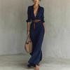 Khaki Shirt Style Long Dress with Deep V Neck and Side Draping