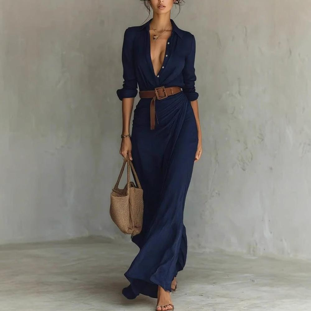 Khaki Shirt Style Long Dress with Deep V Neck and Side Draping
