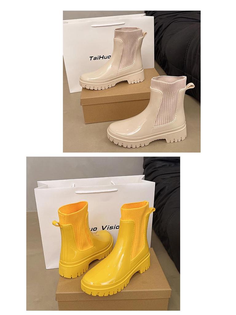 2025 Women's Fashion Elastic Band Waterproof Rain Boots - Thick Sole, Solid Color, Non-Slip & Versatile Casual Galoshes