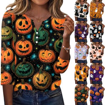 Women's Halloween Printed V-Neck Button Three-Quarter Sleeve T-Shirt Casual Top