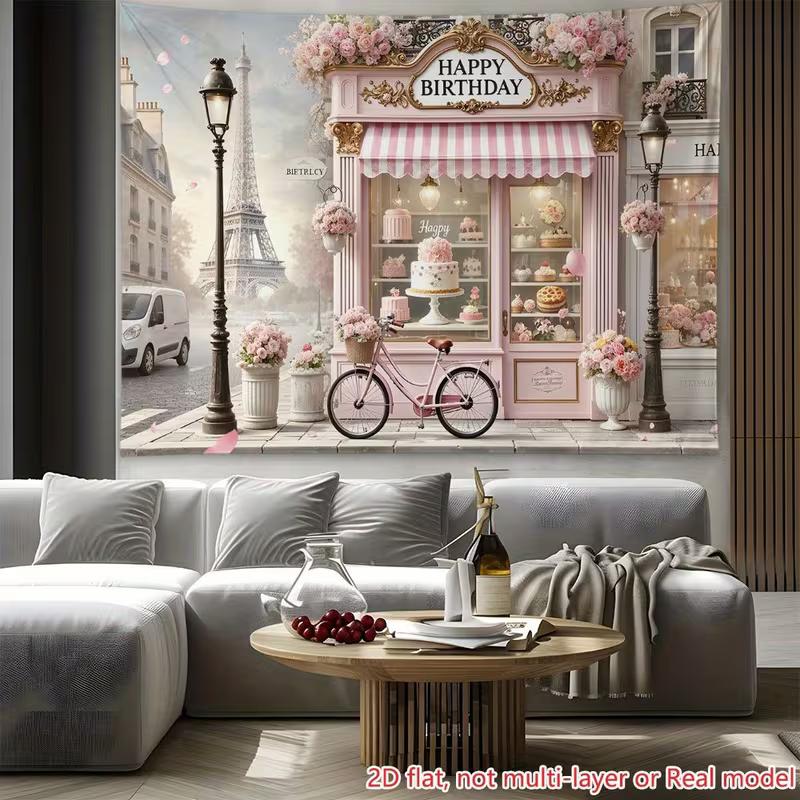2D Romantic Parisian Backdrop, Pink Flower Shop Wall Decor for Birthday Celebration