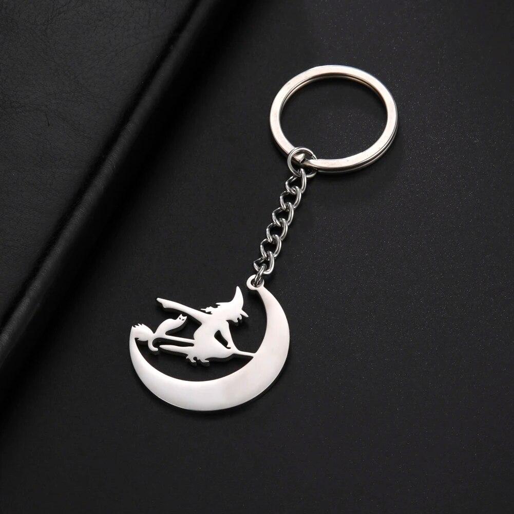COOLTIME Halloween Cartoon Witch Cat Moon Keychain for Women Men Stainless Steel Gold Color Key Ring Holder Friends Gift Jewelry