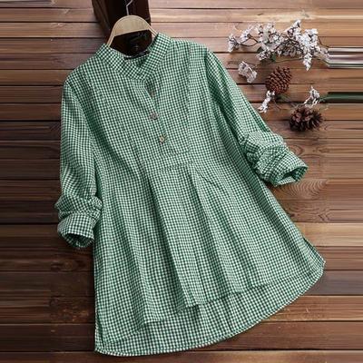 Women Plus Size Plaid Tunic Tops Casual Button Up Lapel Loose Swing Blouse Long Sleeve Pleated Flowy T Shirts