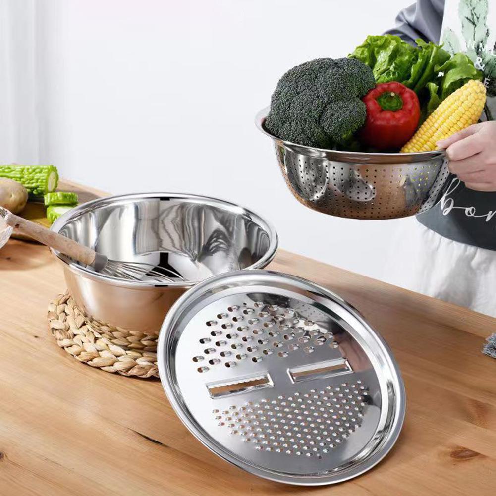 Thickened Stainless Steel Grater Bowl Drain Basket 3-piece Set 3-piece Multi-functional Set, One Bowl For Many Uses, Kitchen 26cm
