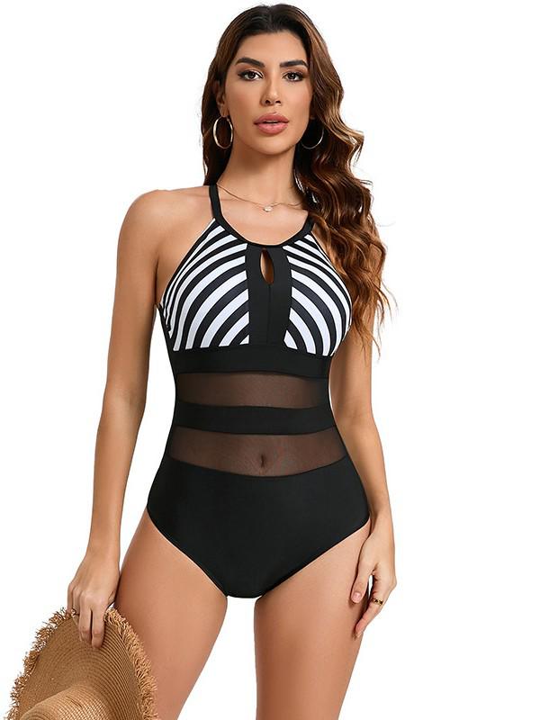 2026 Plus Size Lace Stripe One-Piece Swimsuit