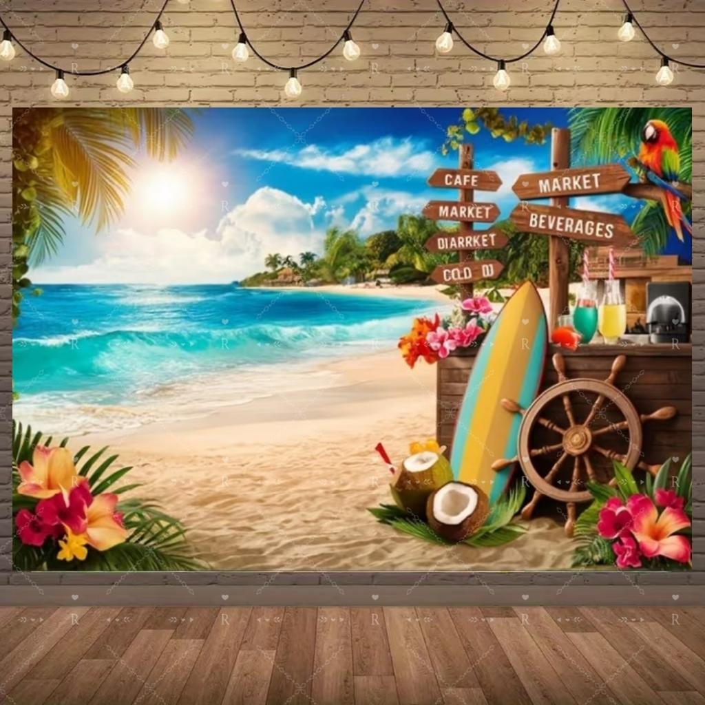 Summer Beach Holiday Party Decoration Backdrop Sunshine Flamingo Ocean Surfboard Portrait Photography Background Props Banner