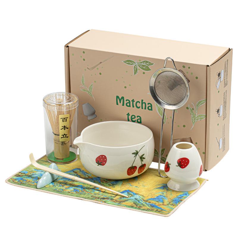Hand-Painted Matcha Tea Ceremony Set: Whisk, Stirrer, Hyakuhon-date Chasen, and Souvenir Brush