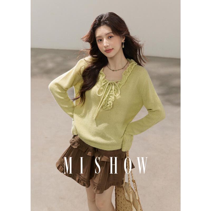 Mishow Women s Wool Blend Ruffle Tie-Front Knit Sweater S