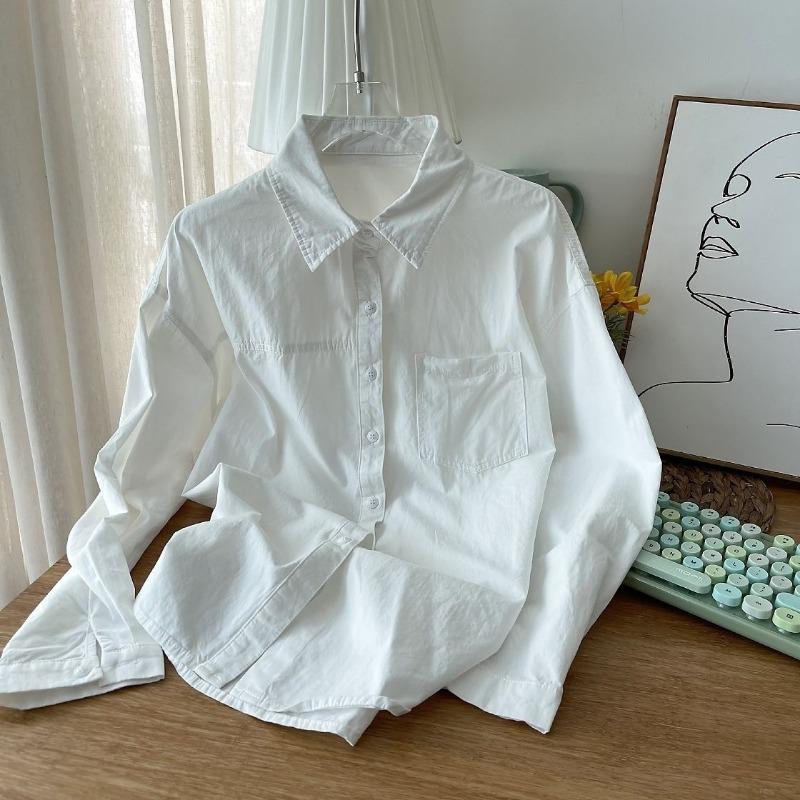 White Oversized Collared Long Sleeve Shirt Casual Button Down Blouse Daily Wear For Women