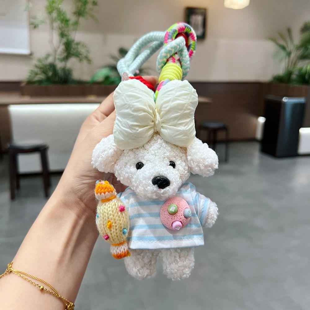 Striped Top Plush Puppy Pendant Cute Cartoon Car Key Ring Funny Bag Charm Hanging Ornaments
