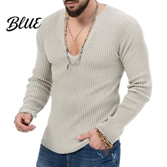 Men Knitted Cotton Sleeves Solid V Neck Knit Deep Blend Sweater Ribbed Long Color Slim