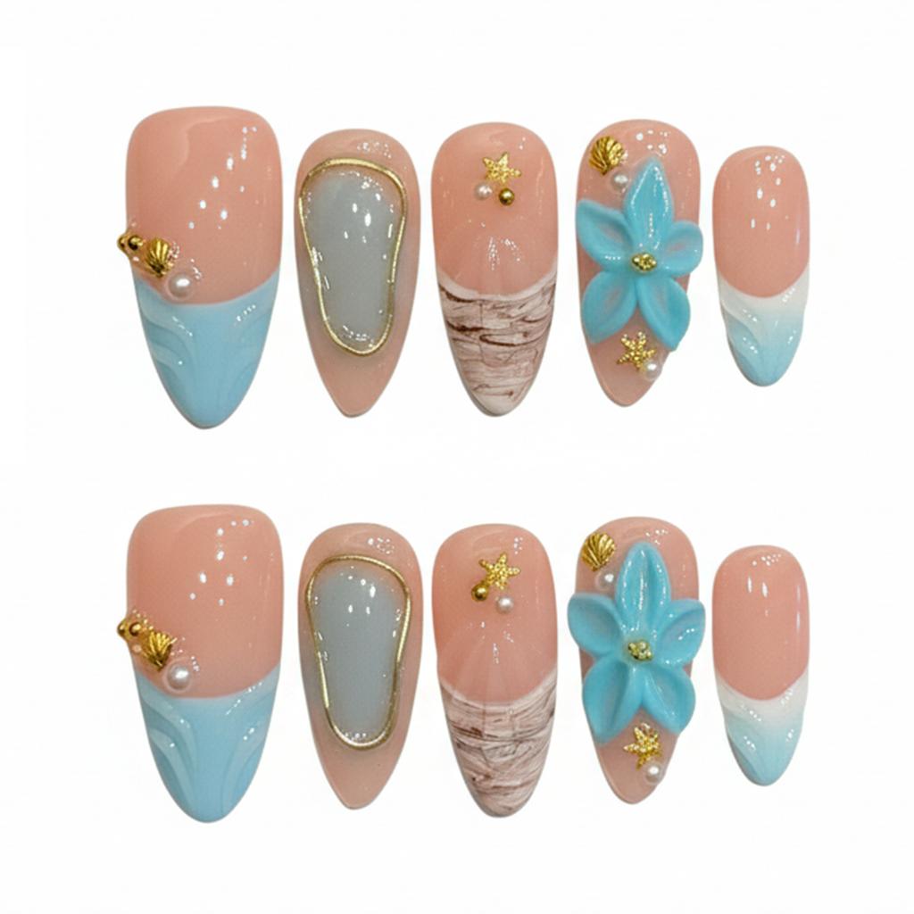 Almond False Nails Ocean Style 3D Carving Design 10 Pieces Lightweight Comfortable Wear